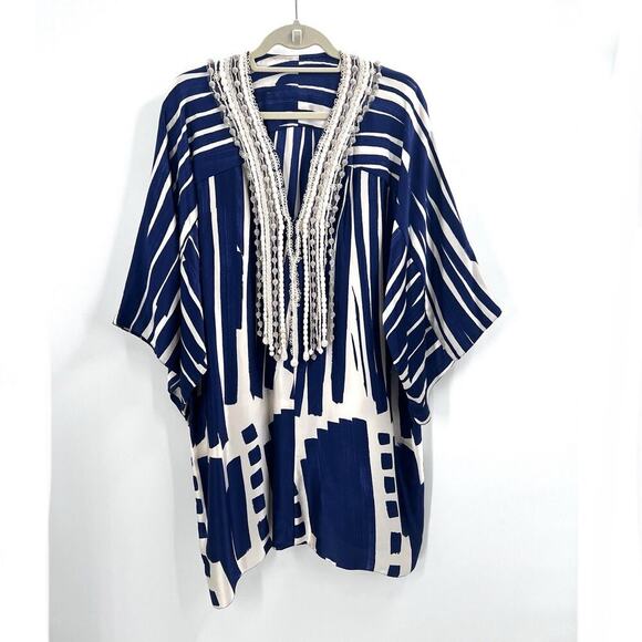 Vintage Handmade OOAK Blue White Silk Embellished V-Neck Kimono Tunic - Picture 6 of 7